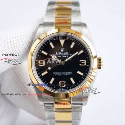 1:1 Swiss Replica Rolex Explorer I Black Dial Two tone Yellow Gold Case Watch 